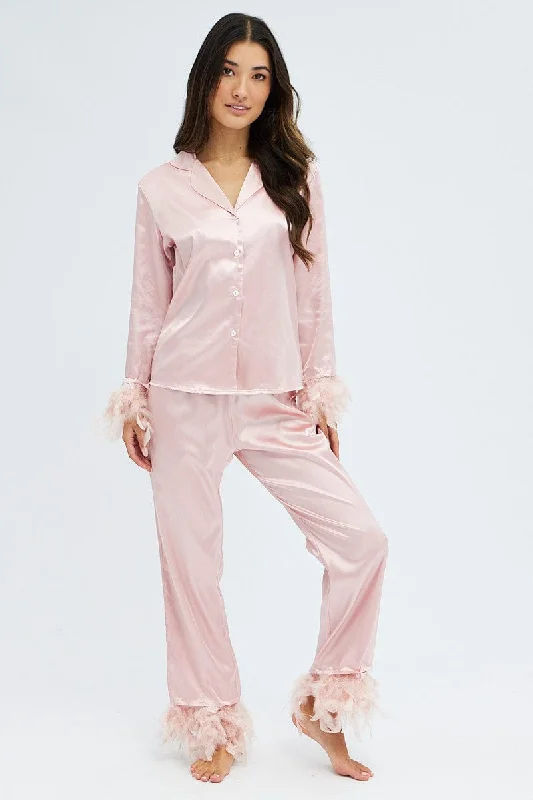 Women's Seasonal Clothes Pink Feather Satin Set