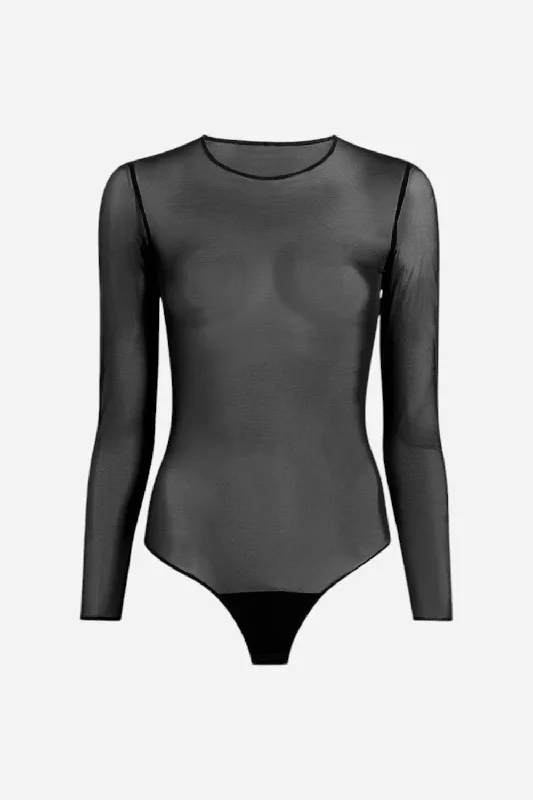 Women's High-Fashion Attire Commando Chic Mesh Long Sleeve Bodysuit in Black