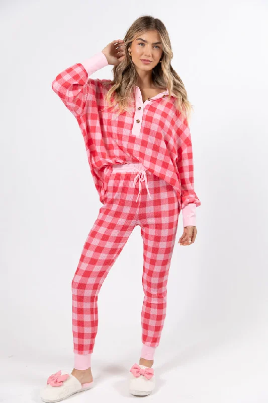 Stylish Outerwear Clothes For Women Outshine The Rest Thermal Pink & Red Plaid Lounge Pullover FINAL SALE