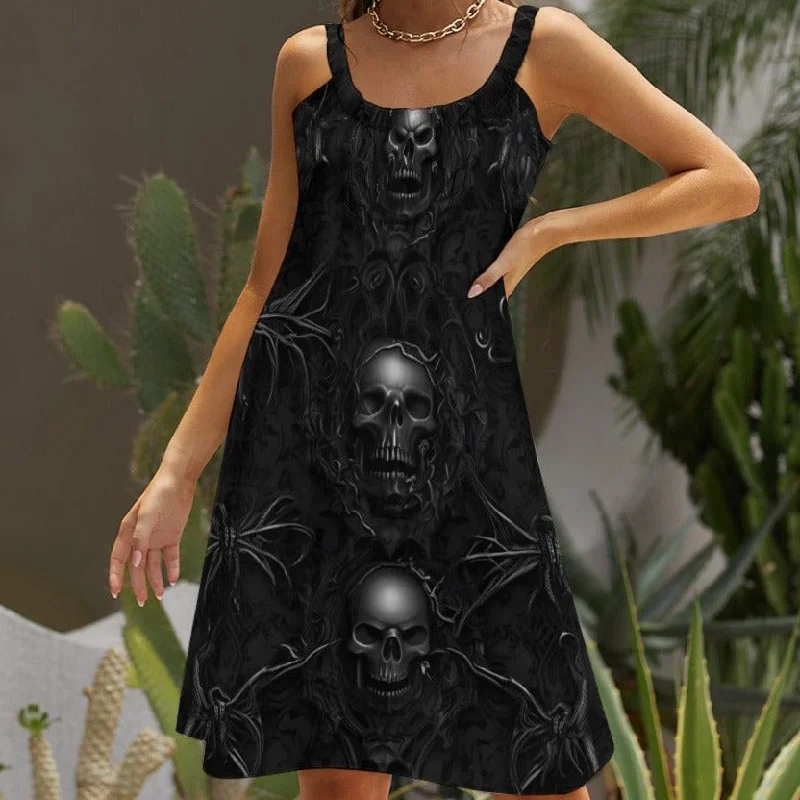 Shop Our Looks Women's Black Skulls Wide Straps Knee Length Dress