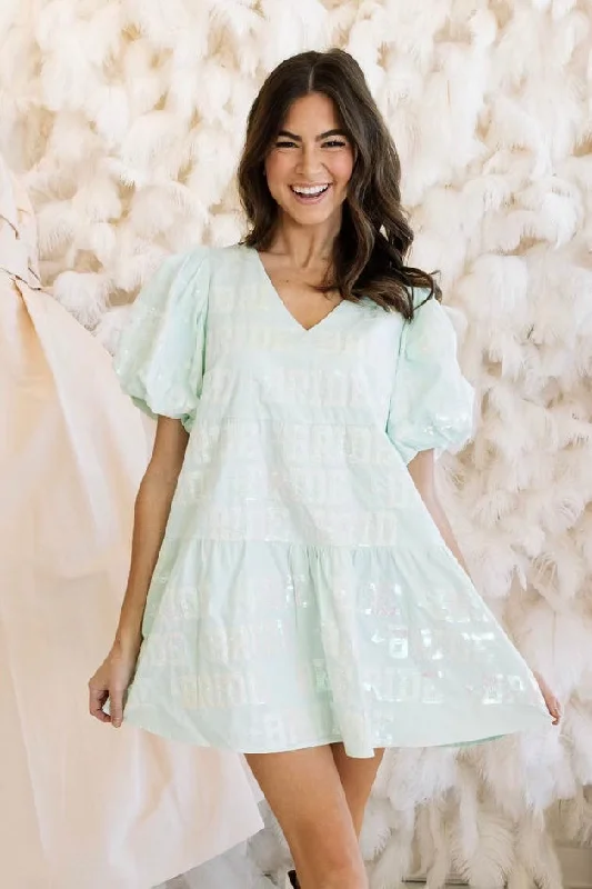 Chic Styles Mint Bride All Over Poof Sleeve Dress