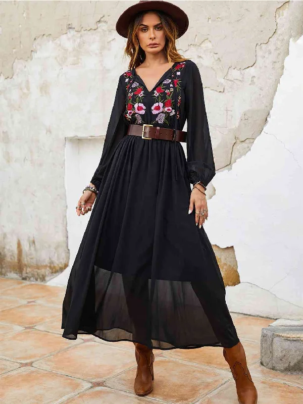 Evening Elegance Flower Tie Neck Balloon Sleeve Dress