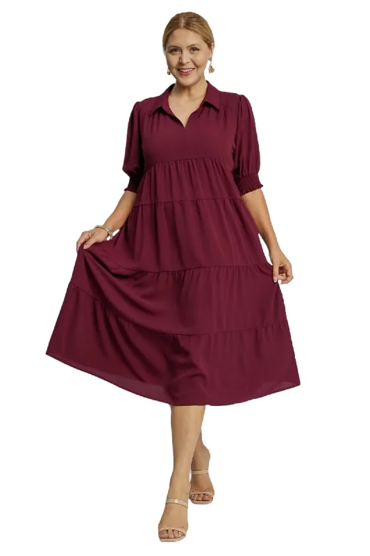 Women's Clothing Stores Tiered Cuffed Sleeve Dress, Plum