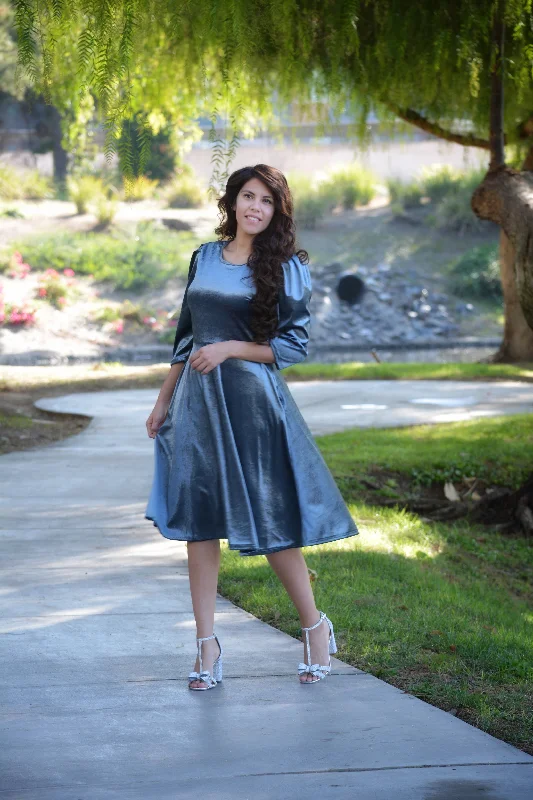 Elegant Fashion Capri  Slate Blue Gray Velvet Puff Sleeve Dress