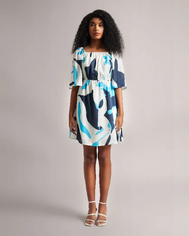 Exclusive Women's Fashion Collection White and Blue Fit and Flare Dress With Back Tie-Up