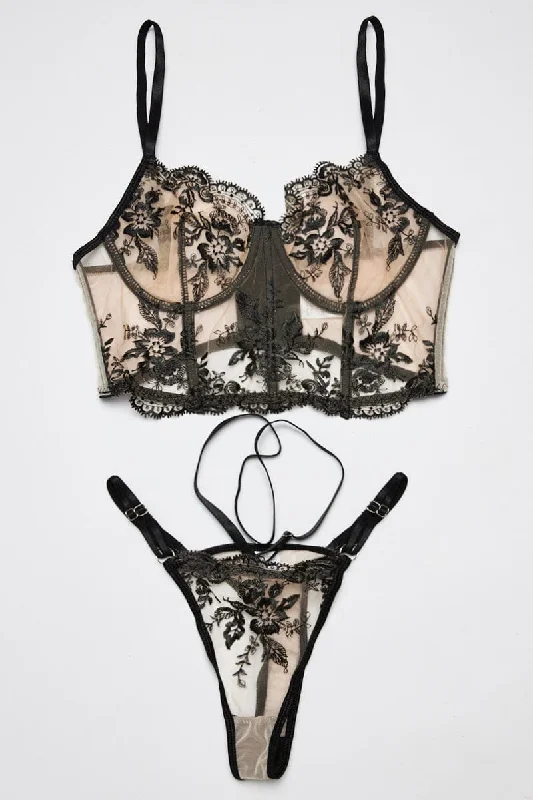 Women's Seasonal Clothes Black Embroidery Lingerie Set