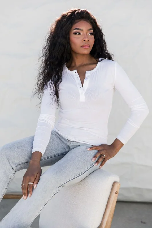 Affordable Women's Clothing All The Better White Ribbed Knit Henley Tee