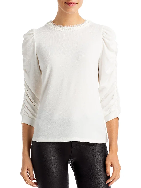 Charming Women's Holiday Apparel Womens Puff Sleeve Embellished Pullover Top