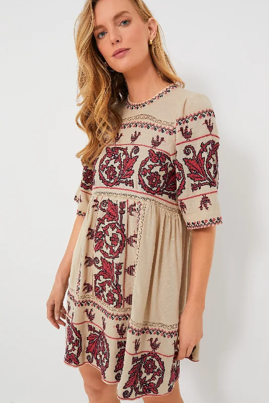 Vintage Fashion Taupe Beena Embroidery Shortsleeve Dress