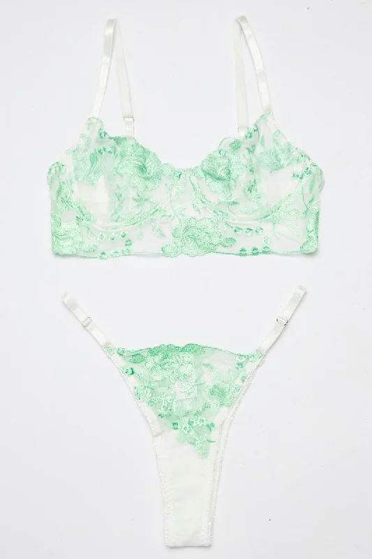 Women's Clothing For Everyday Wear Green Floral Embroidered Lingerie Set