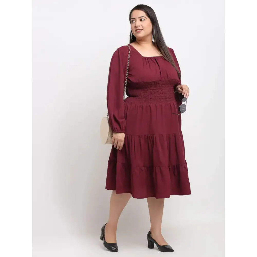 Casual Chic Stylish Maroon Crepe Solid Knee Length Dresses For Women