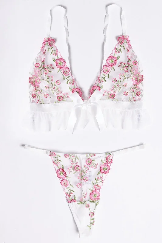 Women's Night-Out Outfit White Flower Embroidery Lingerie Set