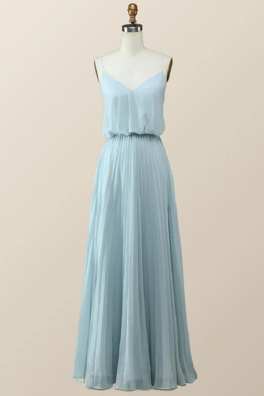 Limited Styles Straps Blue Pleated Full Length Dress