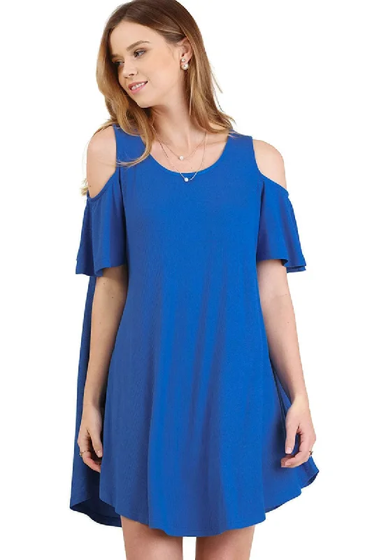 Women's Clothing Boutique Cold Shoulder Butterfly Sleeve Dress, Cobalt Blue