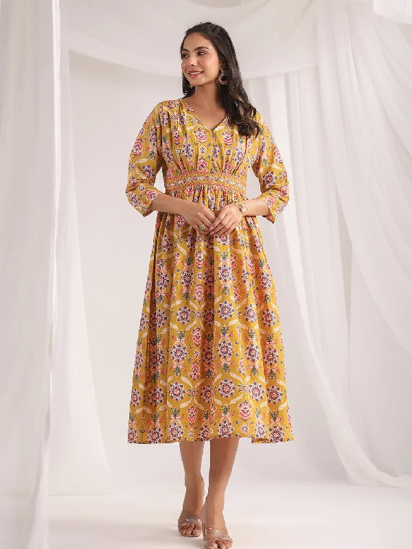 Women's Workout Clothing Mustard Cotton Ethnic Motifs Gathered Dress