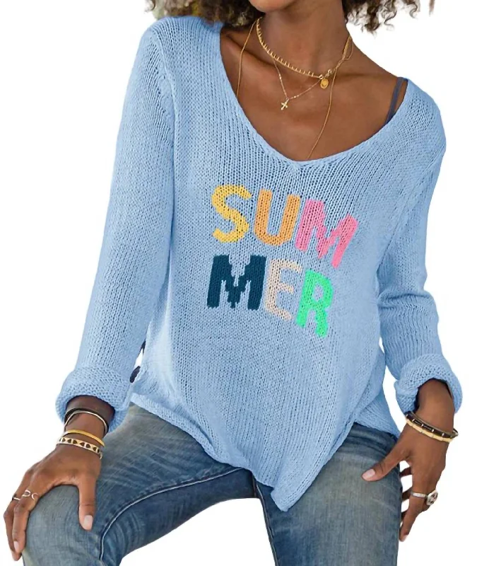 Casual Attire For Women Summer V Neck Sweater In Blue