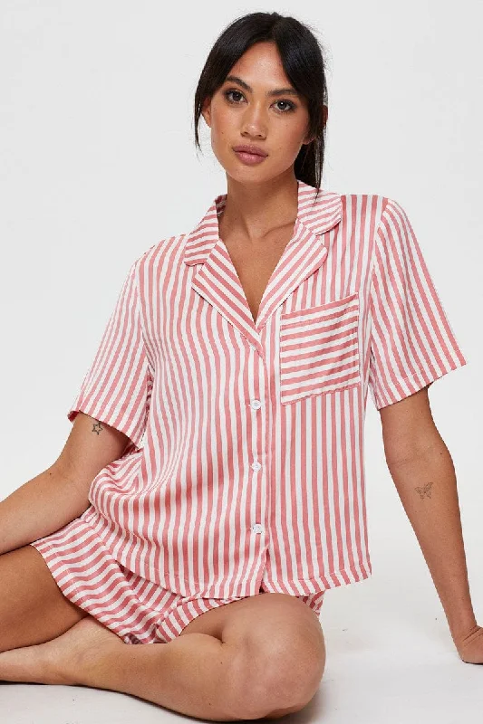 Stylish Outerwear Clothing For Women Stripe Satin Pajamas Set Short Sleeve