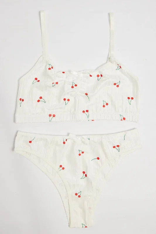 Women's Apparel And Garments White Cherry Print Lingerie Set