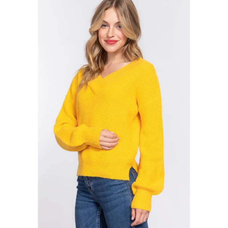 Women's Weekend Outfit Long Slv Double V-neck Sweater