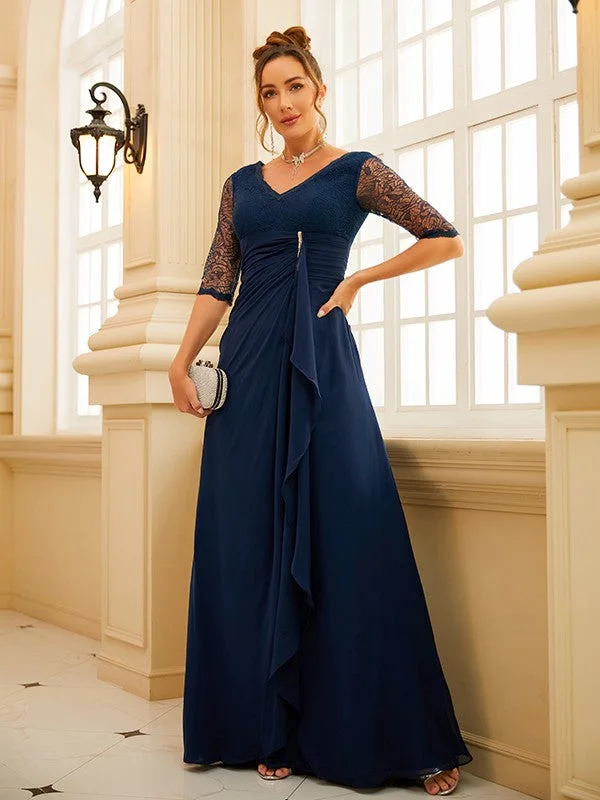 Early Bird Offer A-Line/Princess Chiffon Ruched V-neck 1/2 Sleeves Floor-Length Dresses