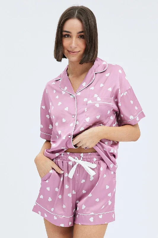 Women's Chic Apparel Pink Polka Dot Pink Satin Hearts Contrast Piping Pyjama Set