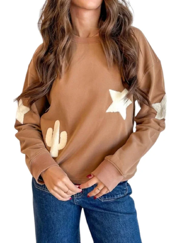 Women's Casual Wear Clothes Western Patchwork Sweatshirt In Tan