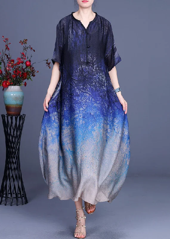 High End Designer Brands Discount Classy Blue Button Print fashion Fall Half Sleeve Dress