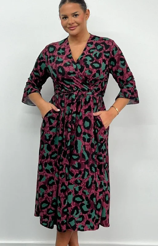 Stupidly Low Prices Dani Faux Wrap 3/4 Sleeve Dress in Wine and Green Leopard Print