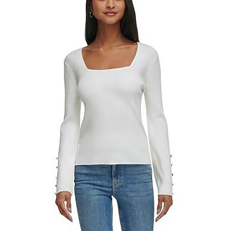 Women's High-Fashion Clothes Womens Square Neck Button Trim Pullover Sweater