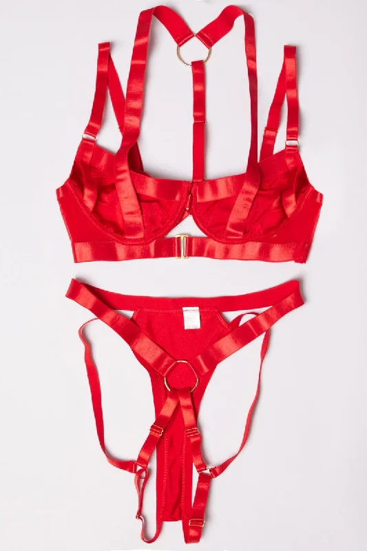 Women's Professional Outfit Red Strappy Lingerie Set