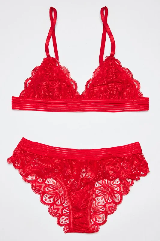 Comfortable Garments For Women Red Lace Lingerie Set