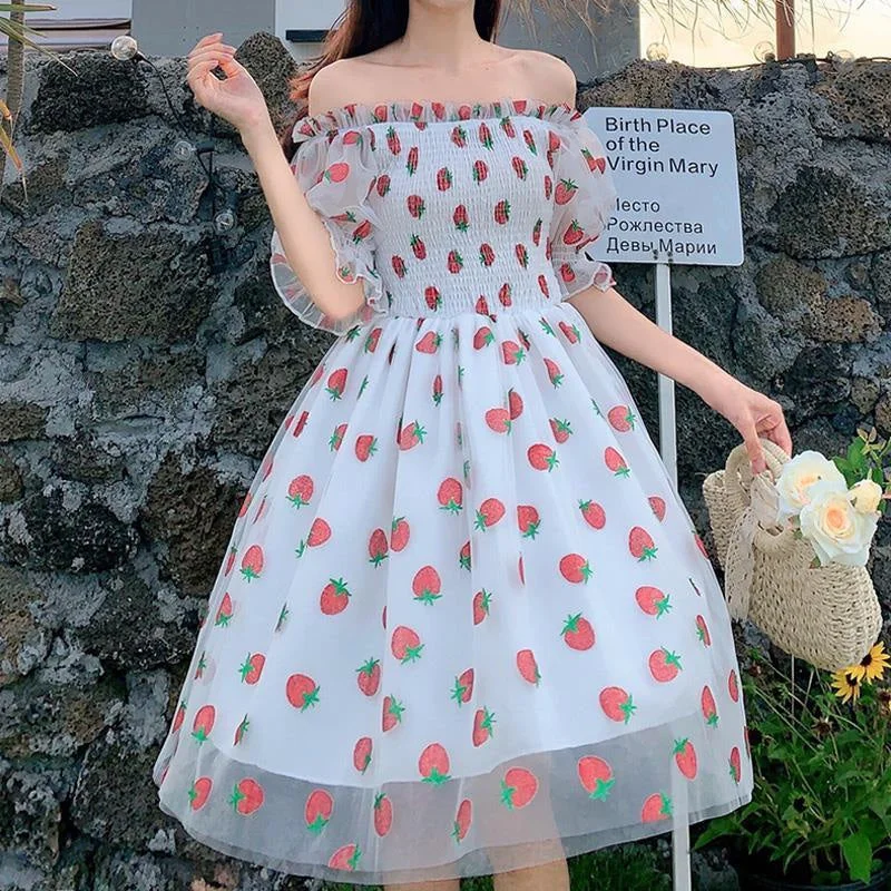 Wardrobe Upgrade Chiffon Strawberry Puff Sleeve Dress