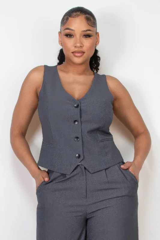 Vintage-Inspired Women's Apparel Buttoned Solid V-neck Vest Top