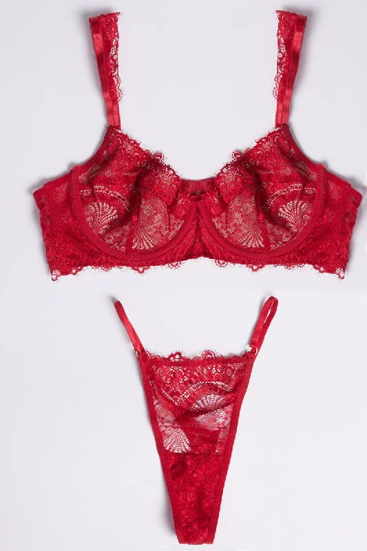 Women's Clothing For Outdoor Events Red Lace Lingerie Set