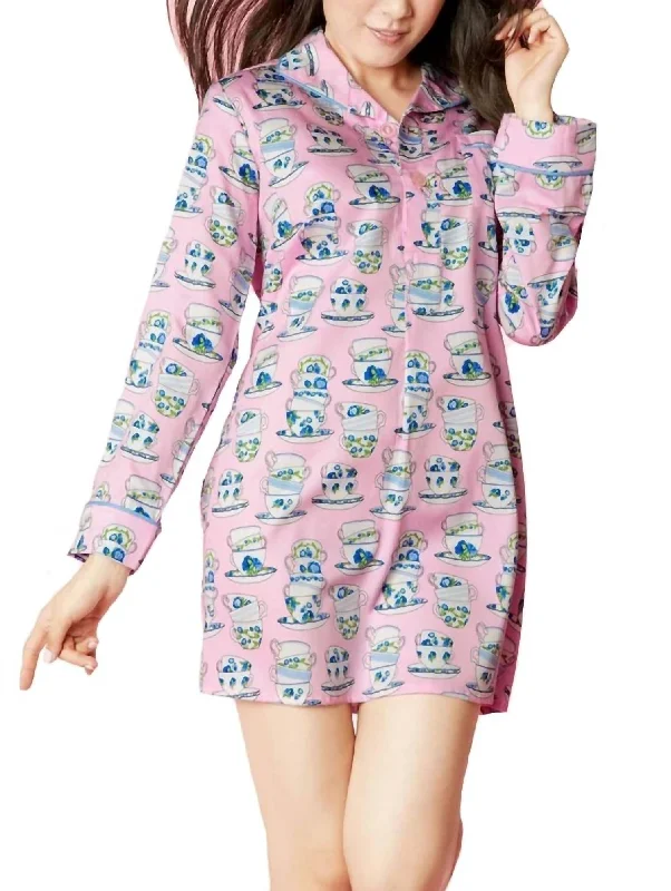 Women's Festive Attire Cuppa Tea Sateen L/s Pleated Nightshirt In Pink