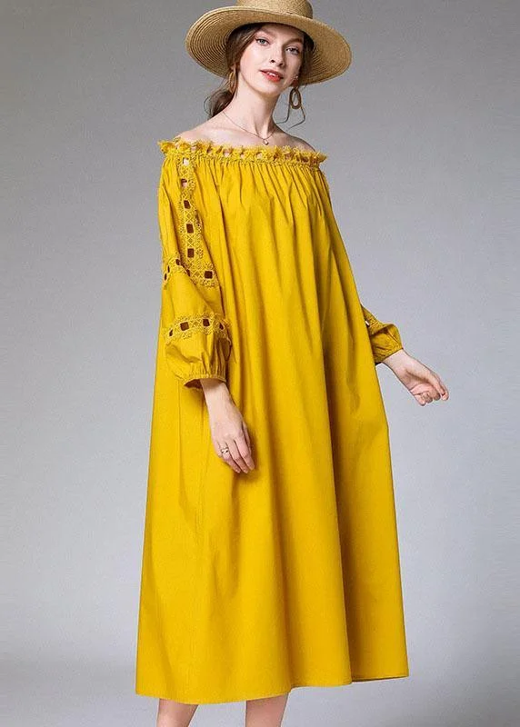 Elegant Styles Loose Yellow Hollow Out Embroideried Fall Cotton Half Sleeve Dress