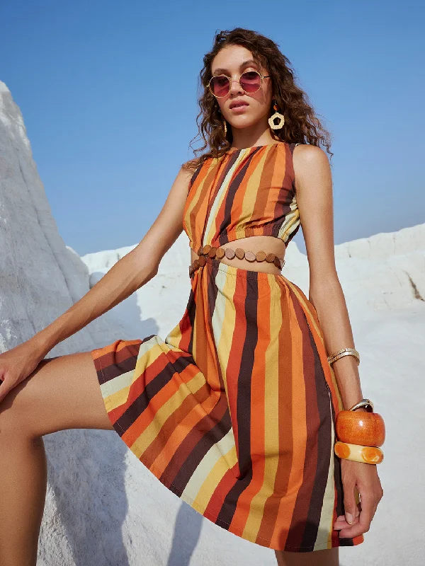 Dreamy Draping Multicolor Cotton Striped Side Cut-Out Dress