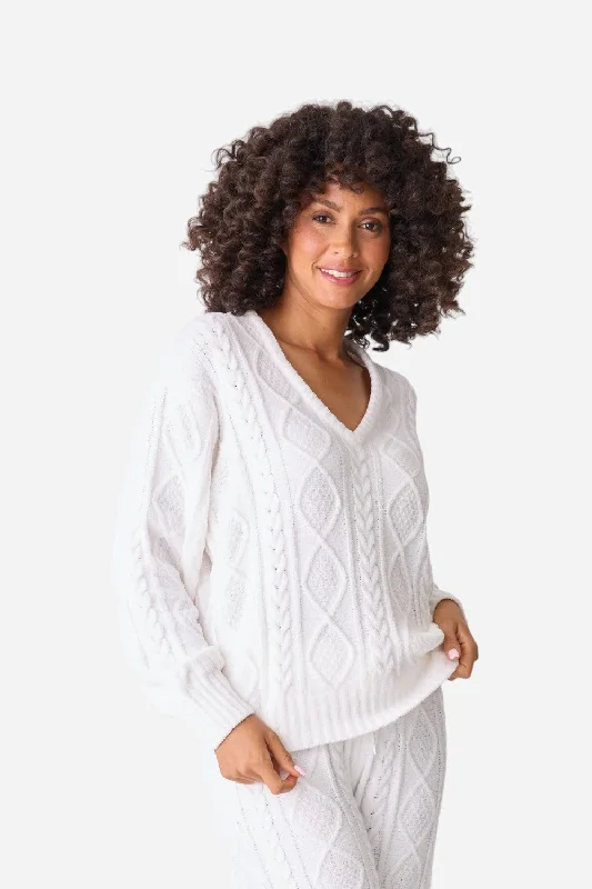 Women's Vacation Garments PJ Salvage Long Sleeve Cable Crew Top Ivory