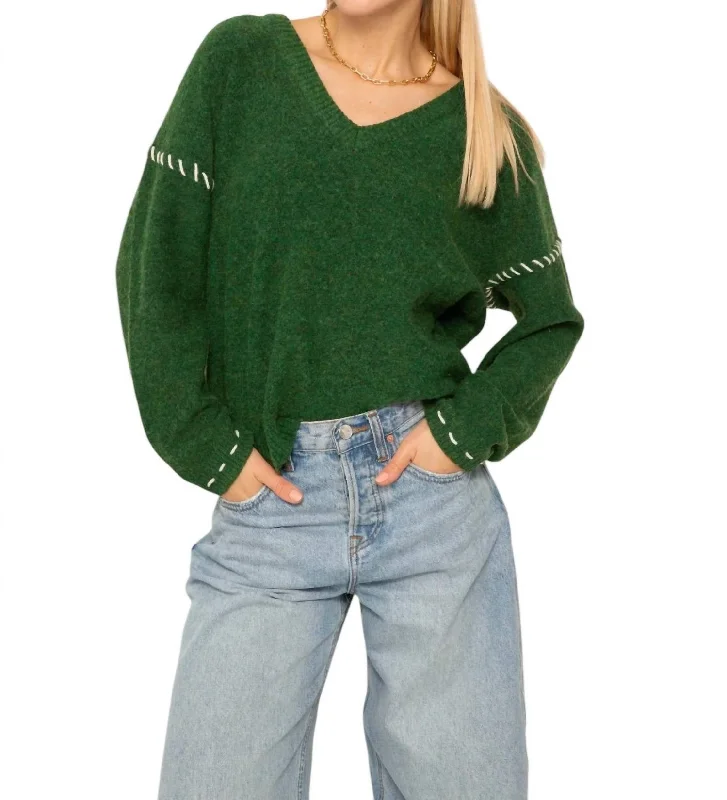 Women's Casual Wear Outfit Billie Whipstich V Neck Sweater In Green