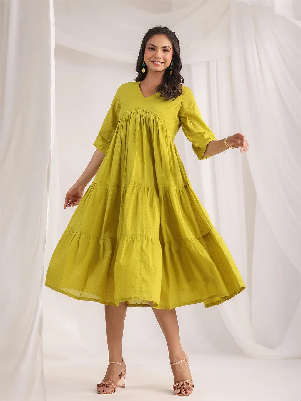 End Of Season Sale Clothing Green Dobby Cotton Woven Design Tiered Dress