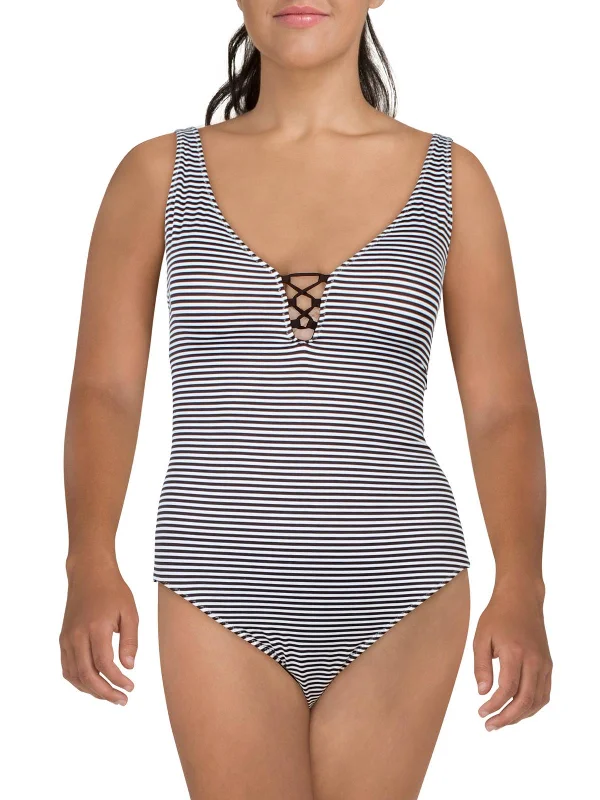 Women's Casual Clothing For Lounging Womens Striped Lace Up One-Piece Swimsuit