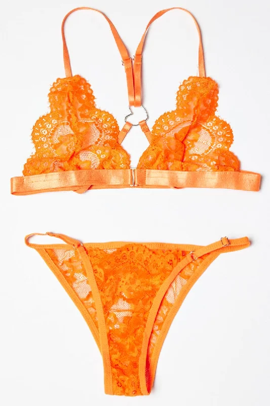 Women's Vacation Clothes Orange Lace Lingerie Set