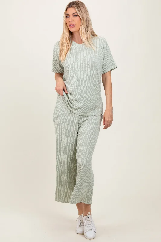 Women's Travel Attire Sage Ribbed Short Sleeve Top Pajama Set