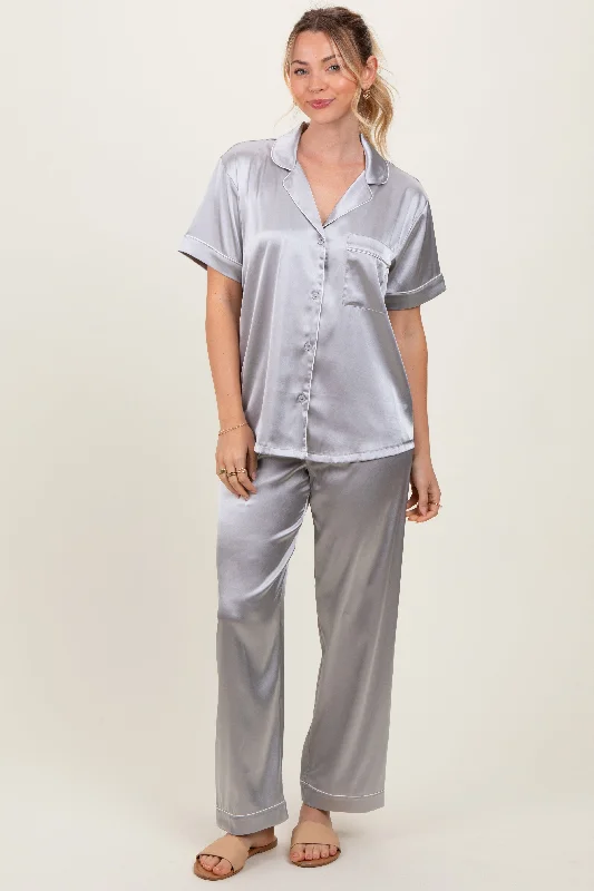 Affordable Women's Outfit Silver Satin Contrast Trim Pajama Set