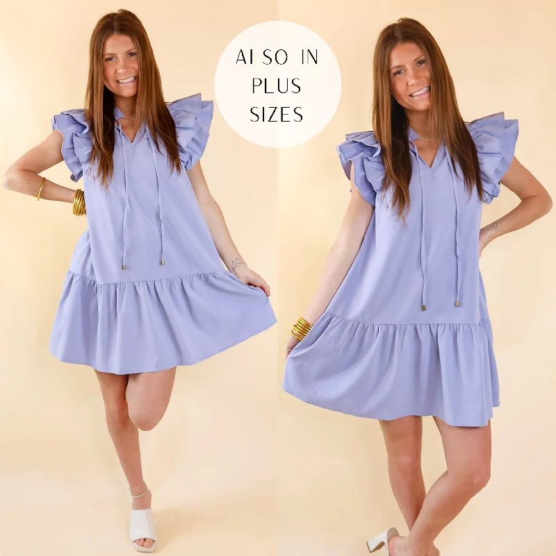 New Season Fashion Preview Powerful Love Ruffle Cap Sleeve Dress with Keyhole and Tie Neckline in Periwinkle Blue