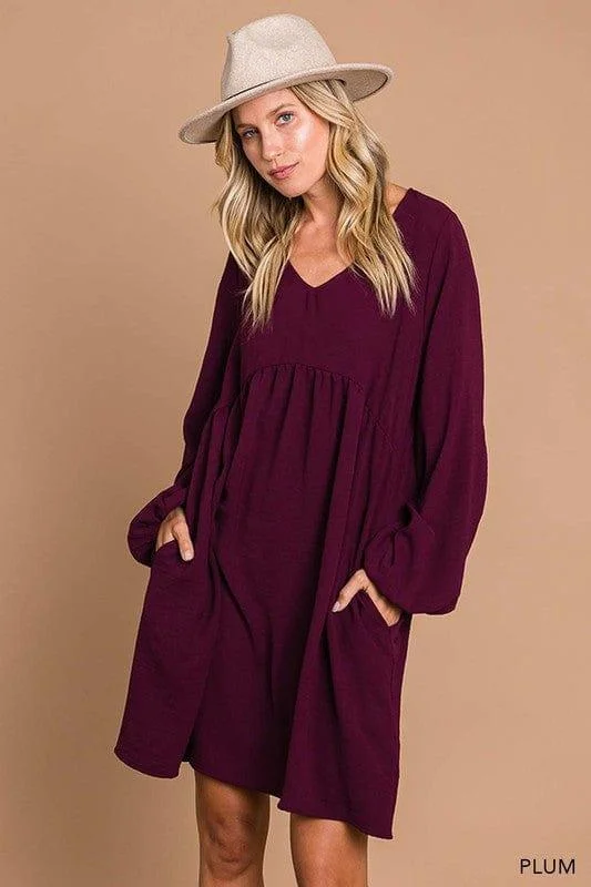 Chic And Comfortable Womens vneck bubble sleeve dress in Plum