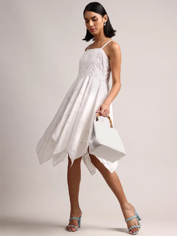 Minimalist Office - Ready Style White Cotton Schiffli Handkerchief Dress