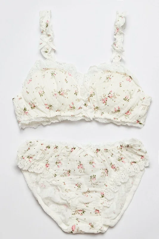 Women's Trendy Activewear Apparel White Floral Print Lingerie Set