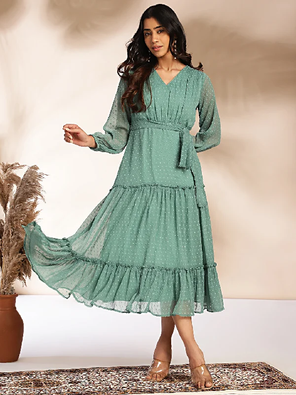 Elegant Attire For The Modern Lady Sage Dobby Chiffon Solid Tiered Dress