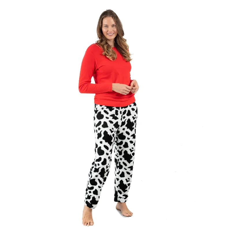 Classic Clothes For Women Womens Cotton Top and Fleece Pant Pajamas Cow Black